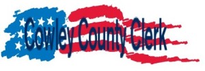 Cowley County Clerk with an American flag behind it